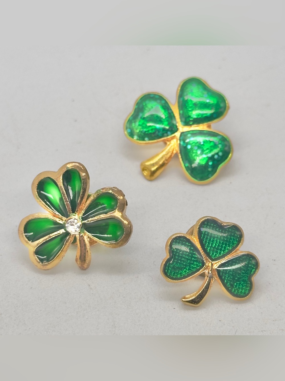 Shamrock Clover Scatter Pin Set Brooch St Patrick Irish Green Gold Tone